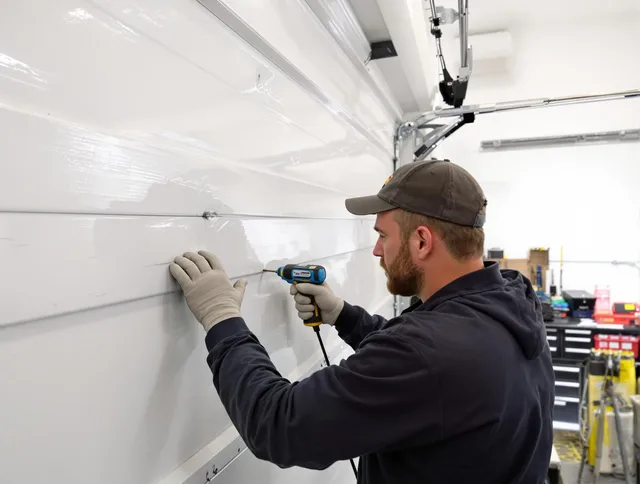 Rincon Garage Door Repair technician demonstrating precision dent removal techniques on a Rincon garage door