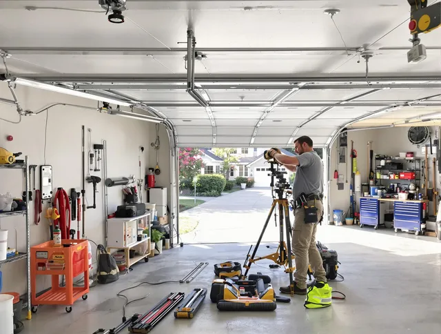 Rincon Garage Door Repair specialist performing laser-guided track alignment in Rincon
